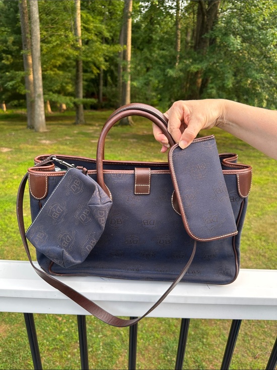 Dooney & Bourke Handbags - Dooney & Bourke Navy and Brown Monogram Handbag with Matching Pouch